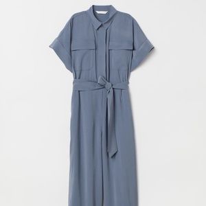 Grey Blue utility jumpsuit with tie belt